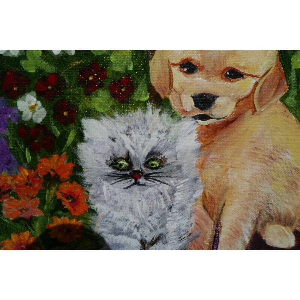 Original Oil on Canvas Painting Dog Cat Puppy & Kitty Sitting on a Chair Framed